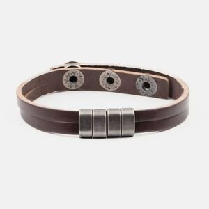 Rustic Brown Leather Bracelet 4 Distressed Silver Frame Beads Unisex Jewelry